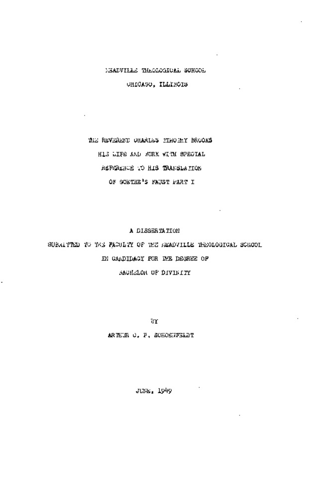 The Reverend Charles Timothy Brooks: His Life and Work with Special Reference to His Translation of Goethe's Faust Part I Thumbnail