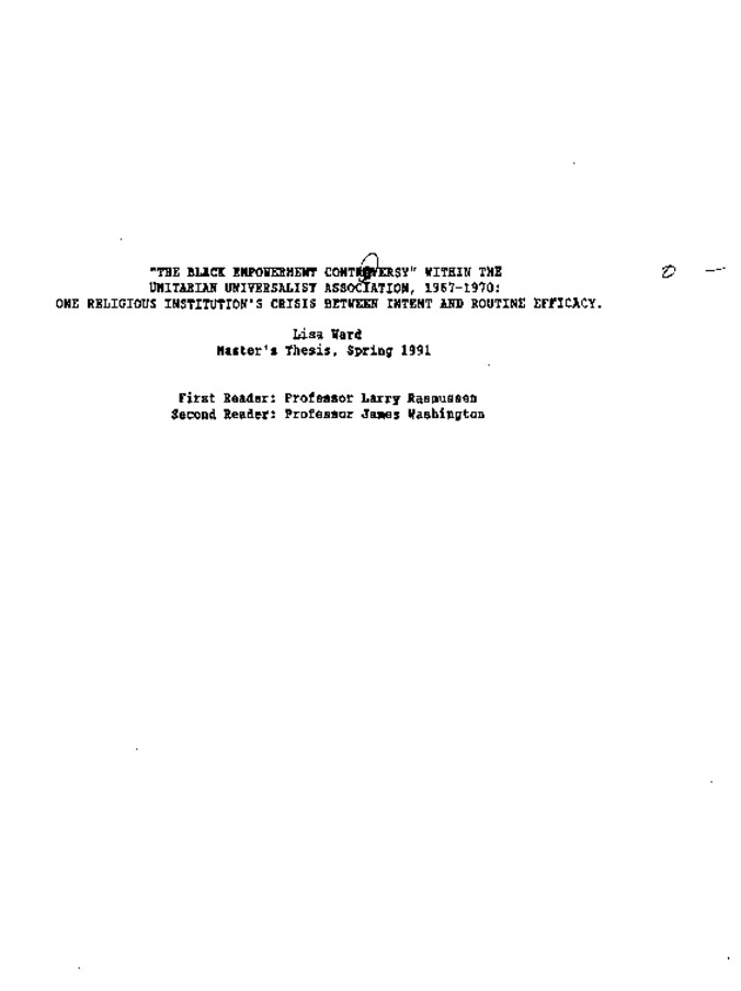 "The Black Empowerment Controversy" within the Unitarian Universalist Association, 1967-1970: One Religious Insitution's Crisis between Intent and Routine Efficacy Thumbnail